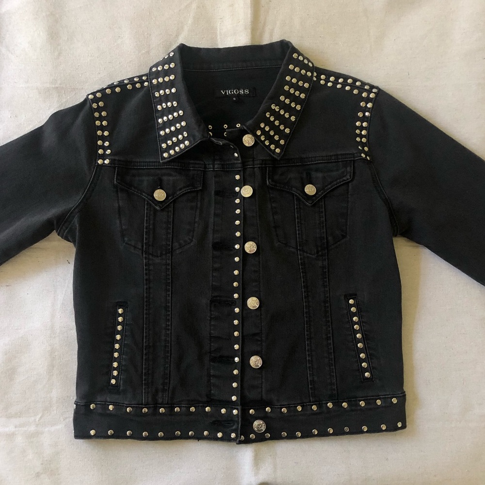 Bedazzled faded black jean jacket